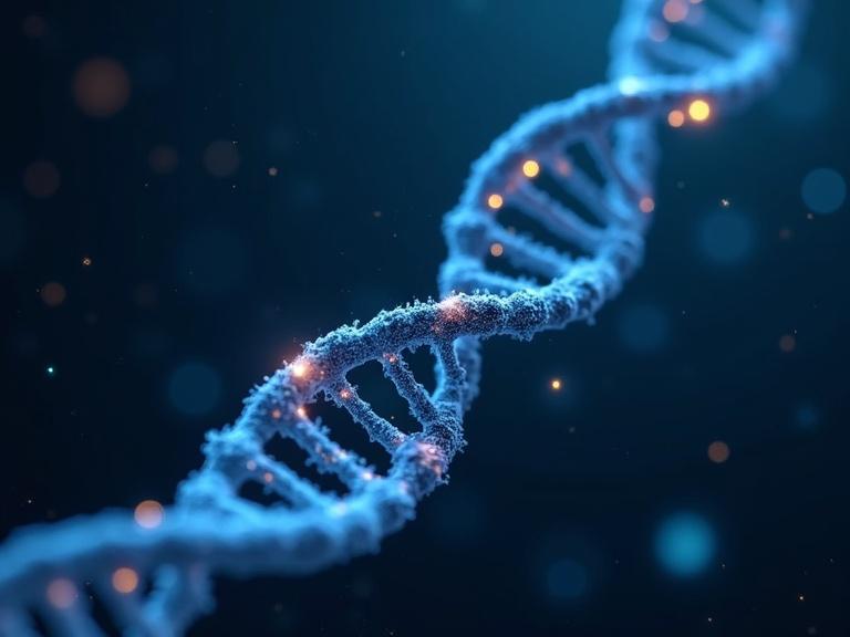 A 3D-rendered DNA strand with glowing markers. Analyzed by a futuristic AI system. Focus on personalized medicine and gene editing.