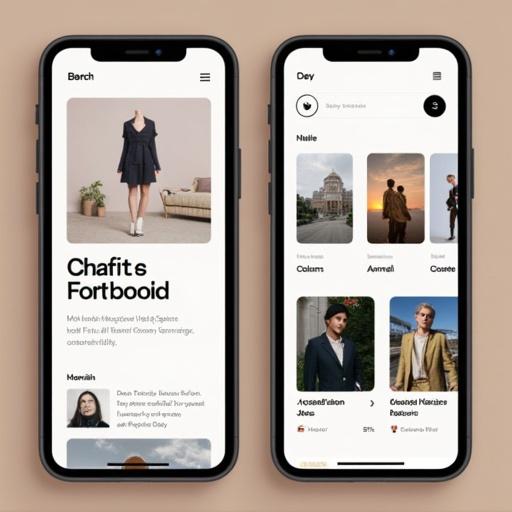 A mobile portfolio website displayed on two smartphones. Clean and modern interface. One screen shows a fashion model. Other screen shows multiple photo cards of people and places. Minimalist design with emphasis on user experience.