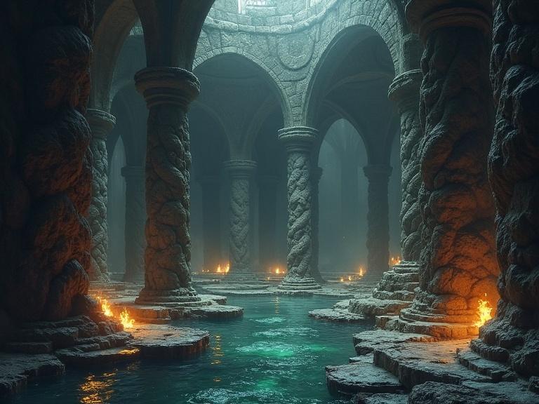 Fantasy painting featuring an enormous stone sanctuary with shadowy ambiance. The pillars resemble twisting serpents. Torchlight flickers on polished obsidian altars and deep water pools.