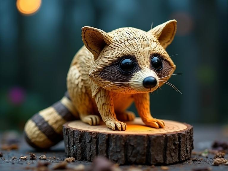 A paper mache raccoon sculpture on a wooden stump. Crafted from layered yellowed newspaper. Close-up view with dynamic moonlit lighting. Highlighting textured layers. Creating a tactile earthy aesthetic.