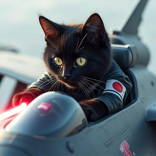 Cute black cat pilots a fighter jet. Cat wears air force uniform with Japanese flag. Jet launches laser attack. Detail and vibrant colors. Dramatic lighting.