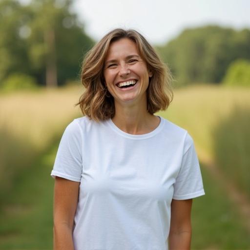 A woman wearing a basic white t-shirt laughing outdoors.