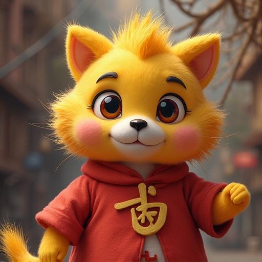 A cheerful cartoon animal character with big eyes wearing a hoodie. The character has bright fur and an expressive face in a playful pose. Background suggests an urban setting with a soft-focus effect.