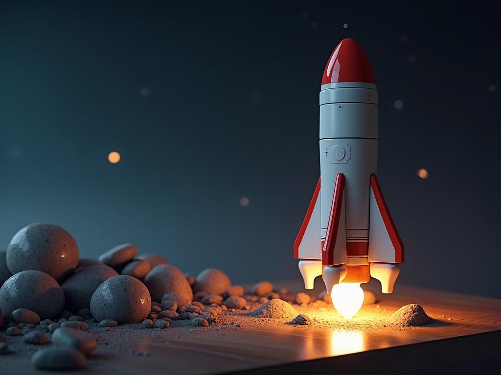 A science fiction table lamp designed as a rocket. The lamp features a red and white rocket with a glowing base. Surrounding elements include decorative stones and a textured surface. The setting suggests a playful yet modern decor.