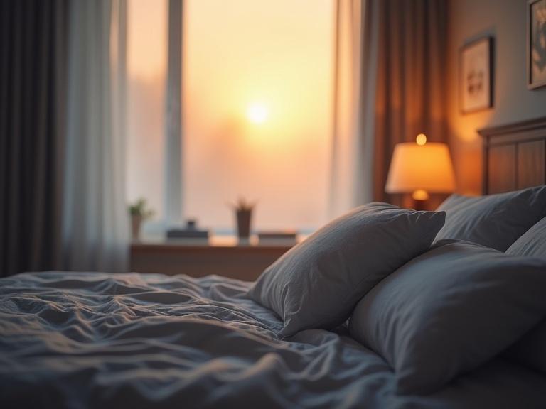 A cozy bedroom scene in the morning. The bed is made with soft pillows. Sunlight enters through a foggy window. A warm atmosphere that evokes comfort and technology. The room is minimalistic with a soft color palette.