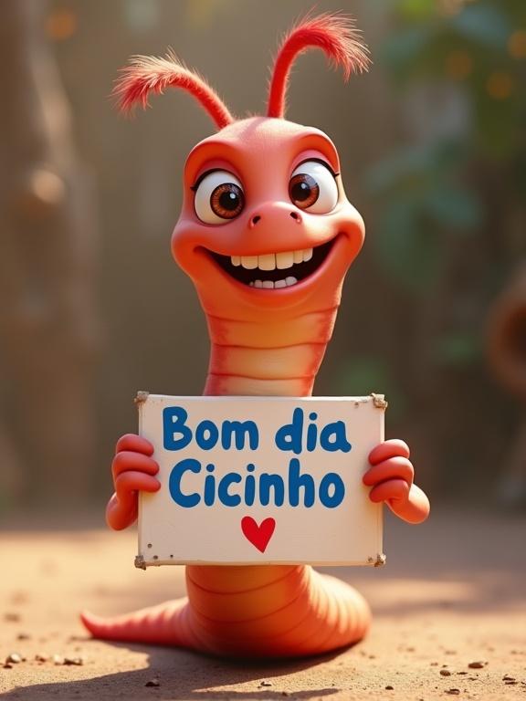 A smiling anthropomorphic worm in Pixar Disney style holds a sign saying "Bom dia Cicinho" in blue with a red heart underneath.