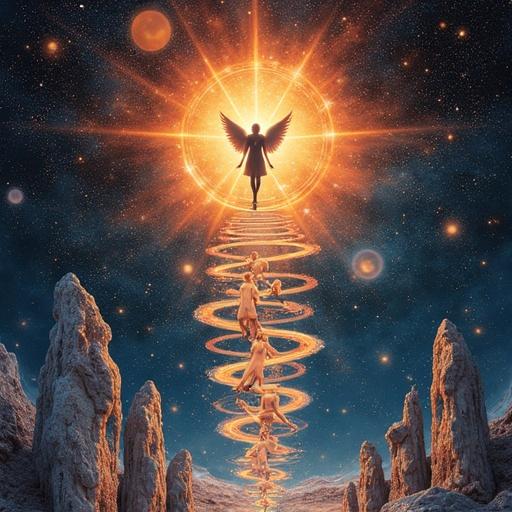 Weird fractal art featuring crystals and angels in another dimension. Depicts infinite spiral of radiant souls with a vertical helix of human figures. Eclipsed sun in background with an angelic silhouette at the center. Descending souls dissolve while turning into stars against vertical stones etched with symbols, illuminated by subterranean lights creating pathways.