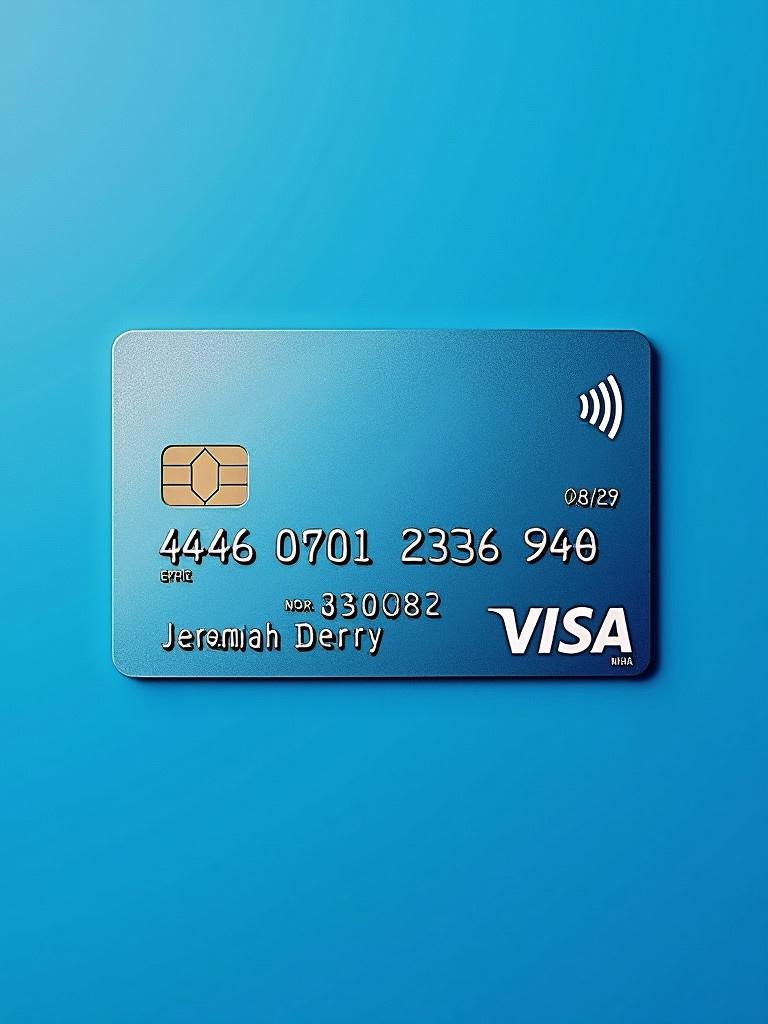 Realistic image features a credit card. Card shows Visa logo prominently. Card number 4446 0701 2336 9412 appears clearly. Name Jeremiah Derry is well aligned. Expiry date shown as 08/29. Background is clean and blue.