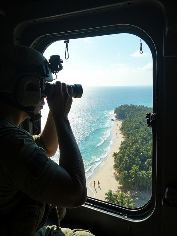 Inside a military helicopter. A soldier wearing tactical gear and a helmet peers through binoculars. Looking outside at a tropical island. The island features palm trees and a beach. Sunlight creates glare. Illustrates a focused rescue operation.