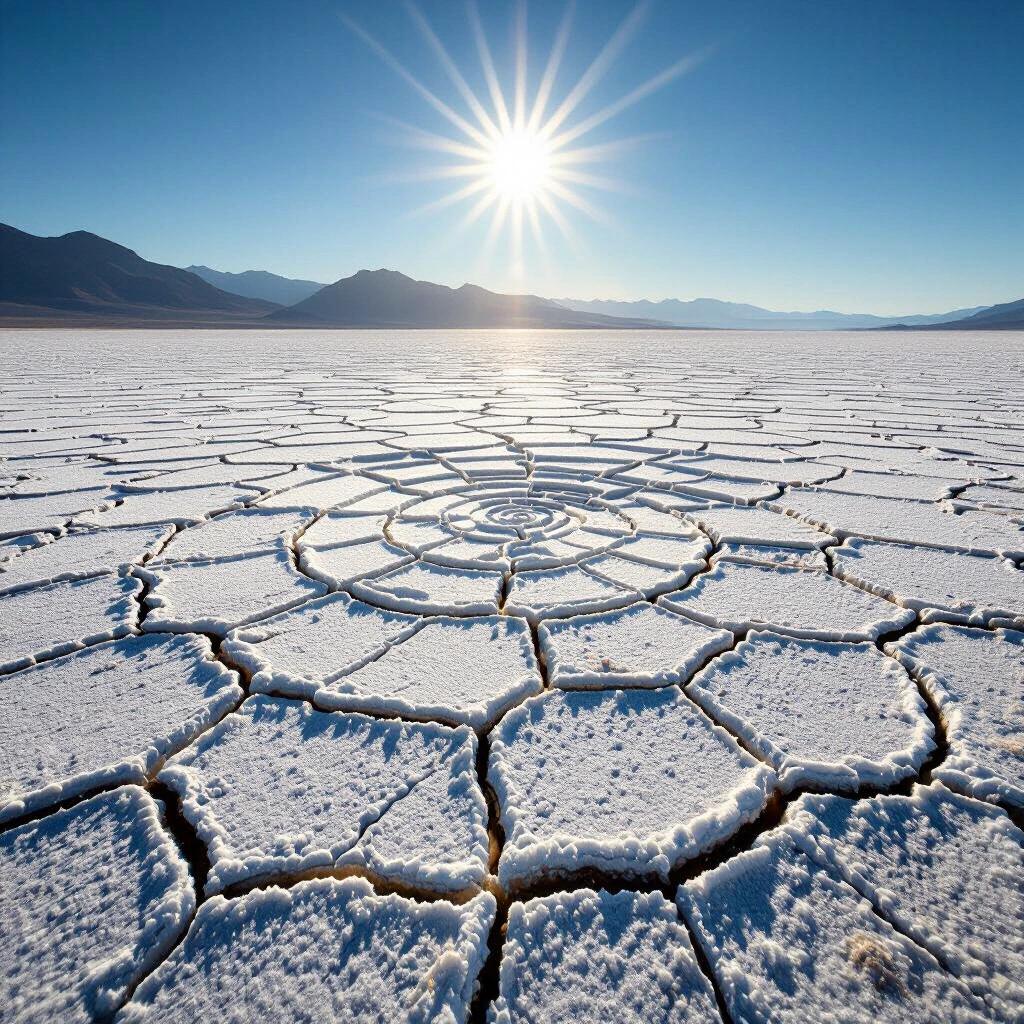 Salt flats cracked into spiraling web-like symmetry under harsh midday sun. The scene captures the unique geological formations resembling intricate patterns. The bright sunlight overhead highlights the crisscrossing cracks in the salt crust.