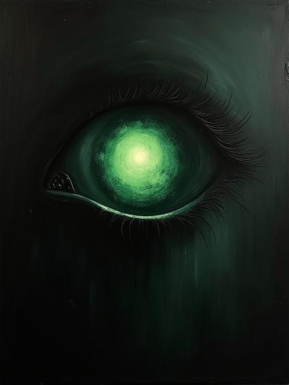 An extremely rough oil painting featuring a giant silhouette of a menacing male eye emerging diagonally from the top right corner of a black background. The eye contains a cosmic void with eerie faint green static resembling a television.