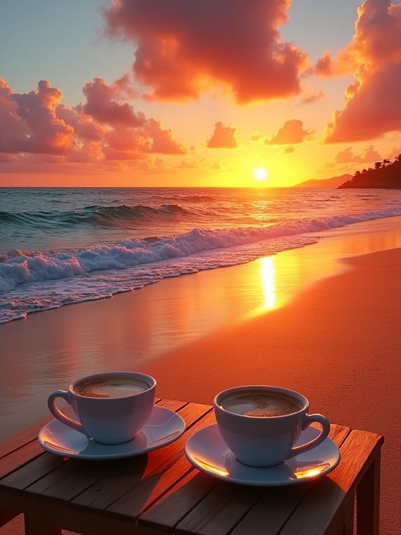 A tropical beach at sunset with two cups of coffee on a wooden table. The ocean reflects vibrant colors of orange and gold. The open sandy beach glows warmly with the sunset. Soft clouds are illuminated above. The scene feels peaceful and warm.