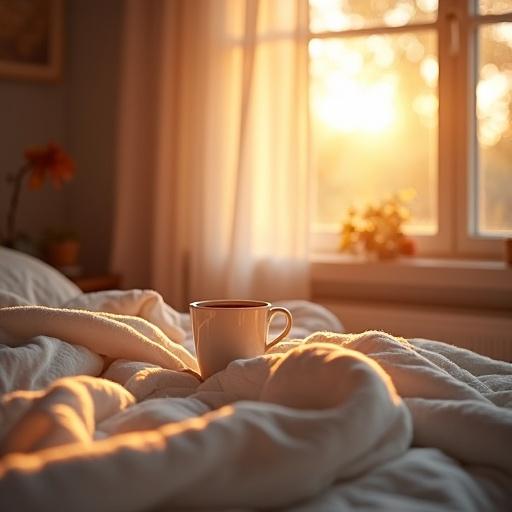 A calm bedroom scene at dawn captures warm sunlight through a window. A white blanket covers the bed. A coffee cup rests by the window. The tone is warm and dreamy.
