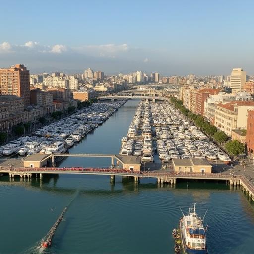 Aerial view of Chiclayo harbor filled with boats. City skyline in the background. Clear skies and water visible.