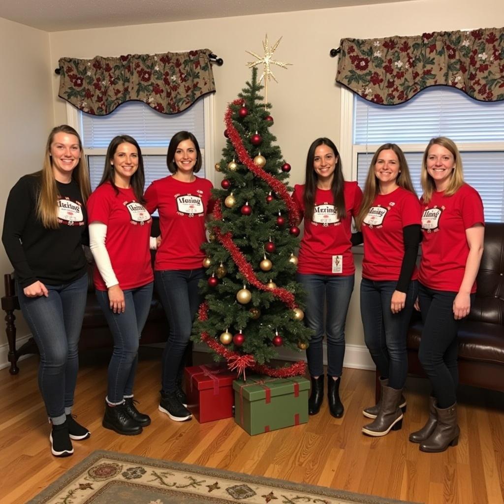 Group of women in red shirts posing together for Christmas. Decorated Christmas tree in the background. Indoor setting with festive holiday decorations.