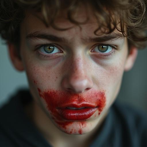 Closeup shot of a teenage boy after a fight. Blood on lips. Intense expression. Rebellious appearance.