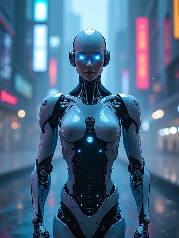 Futuristic book cover design featuring humanized robot. Robot has realistic features glowing blue eyes metallic components illuminated circuits. Body design blends human anatomy sleek robotics with advanced AI technology. Background has digital cityscape neon lights holographic interfaces floating data streams mist. Dominant cool tones blue purple silver with soft lighting light particles. Centered composition. High contrast atmospheric.