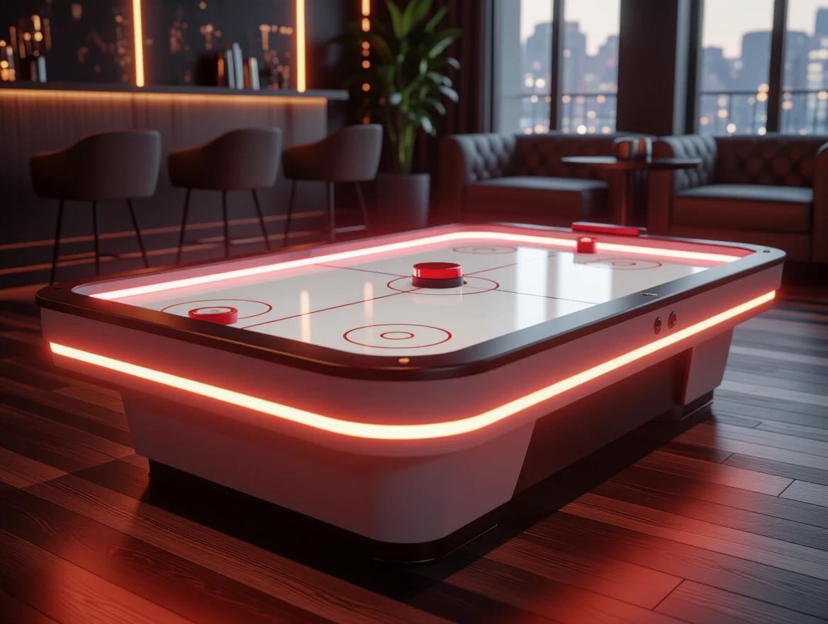 Cinematic close-up of modern air hockey table with glowing side rails and sleek white glossy surface. Two red pushers and puck in center. Realistic light reflections on surface. Slightly worn gameplay marks for realism. Ambient lighting bouncing off dark wood flooring. Warm interior tones and luxury seating barely visible in background. Photorealistic rendering with rich material detail in stylish upscale indoor atmosphere.