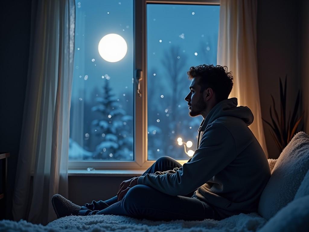 This image captures a serene nighttime scene where a man sits contemplatively by the window. The moon is bright in the sky, casting a gentle light into the room. Snowfall is visible outside, creating a cozy winter atmosphere. The man appears deep in thought, emphasizing a feeling of solitude. The overall mood of the image is calm and reflective, inviting viewers to contemplate their own thoughts and feelings at night.