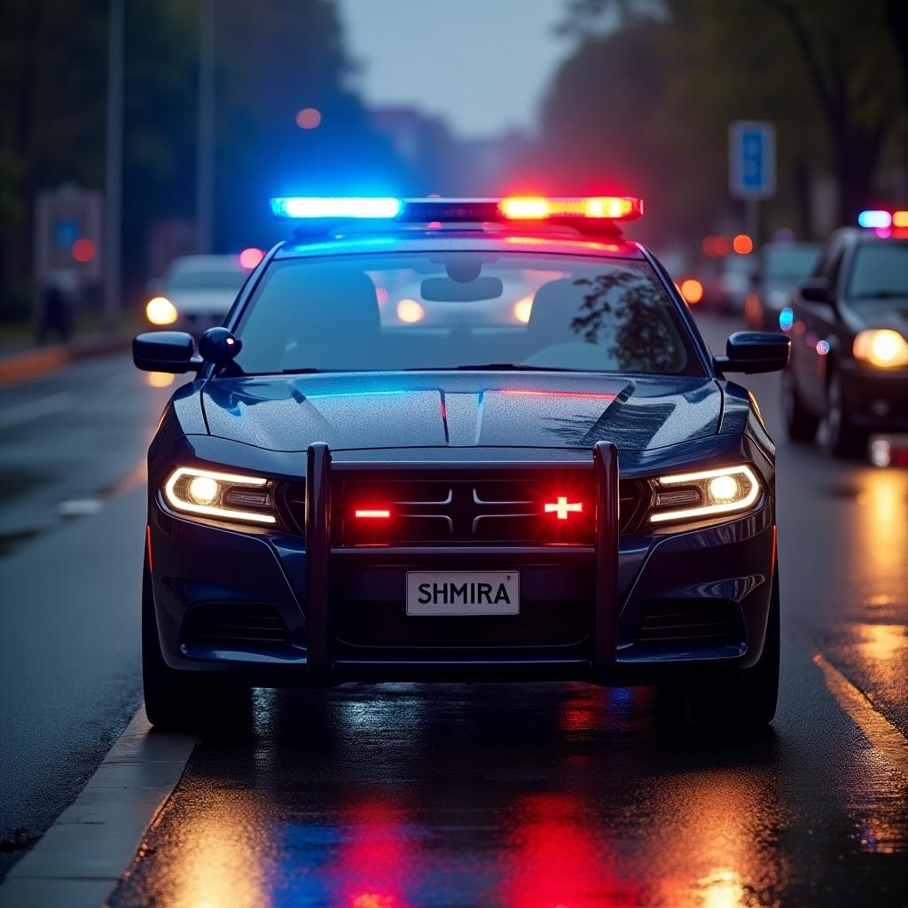 The image shows a police car with bright flashing lights parked on a wet road. The car is associated with the police department named SHMIRA. The moody atmosphere enhances the scene, influenced by the nearby street lights reflecting off the wet pavement. This image evokes a sense of public safety and emergency readiness. It highlights the presence of law enforcement in the community, particularly during rainy weather conditions.