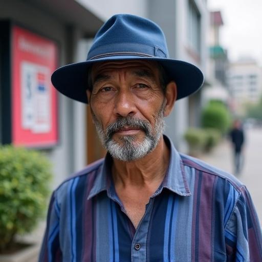 Middle-aged Asian man stands beside street. Wearing a blue hat and a blue and purple striped shirt. Facing the camera with a serious expression. Background features a gray building and a red and white billboard. Green plants are visible. Slightly serious atmosphere with bright light.