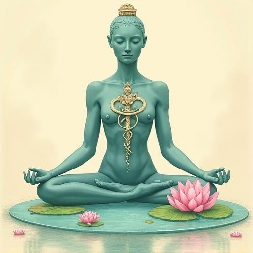 Illustration of a serene seated figure in teal. Decorative caduceus symbol with a serpent is on the figure's chest. Soft beige background with subtle texture. Tranquil pool has floating pink lotus flowers and green lily pads. Harmonious pastel color palette is emphasized.