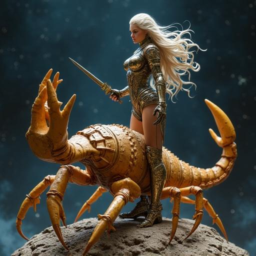 Female figure inspired by Scorpio rides giant scorpion. She wears shining armor with scorpion details. Long hair blows in the wind. Stands in dominant pose with curved daggers. Cosmic background with mystical details. Semi-realistic fantasy style with epic lighting.