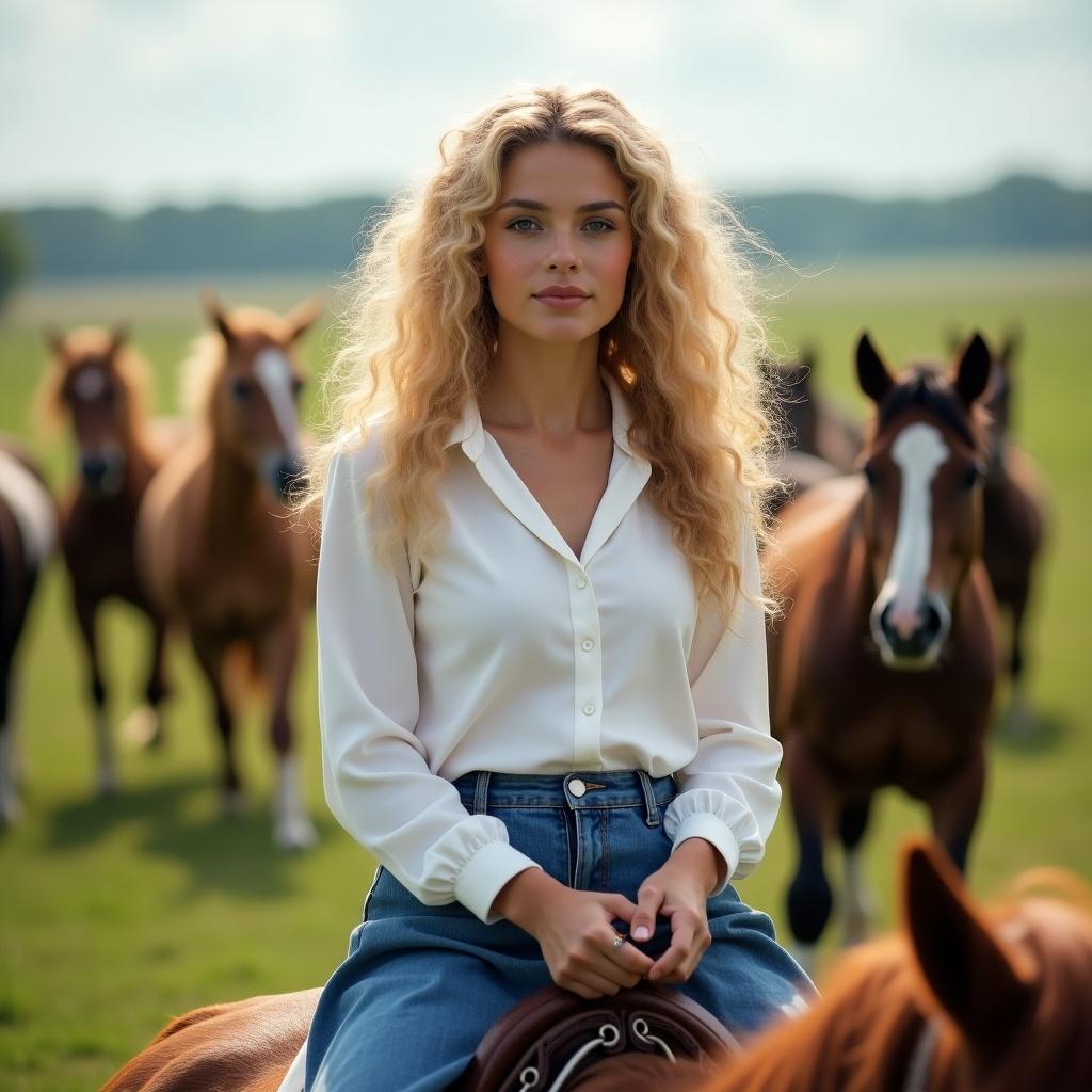 Young woman in a white blouse and blue skirt stands in a green field. Horses run in the background. Summer day setting. She has long, curly, blonde hair. Portrait style photo of a beautiful young woman surrounded by horses.