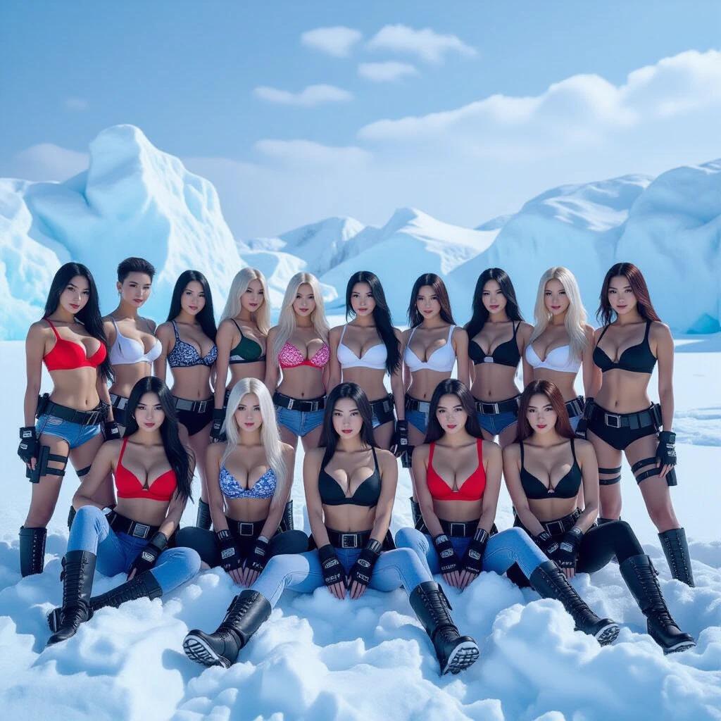 Large group in snowy landscape surrounded by icebergs. Beautiful women with fair skin stand and sit in bold formation. They wear colorful bras and jeans, along with tactical accessories including ammunition belts and military boots. Different hairstyles showcase strength and elegance in a cold environment.