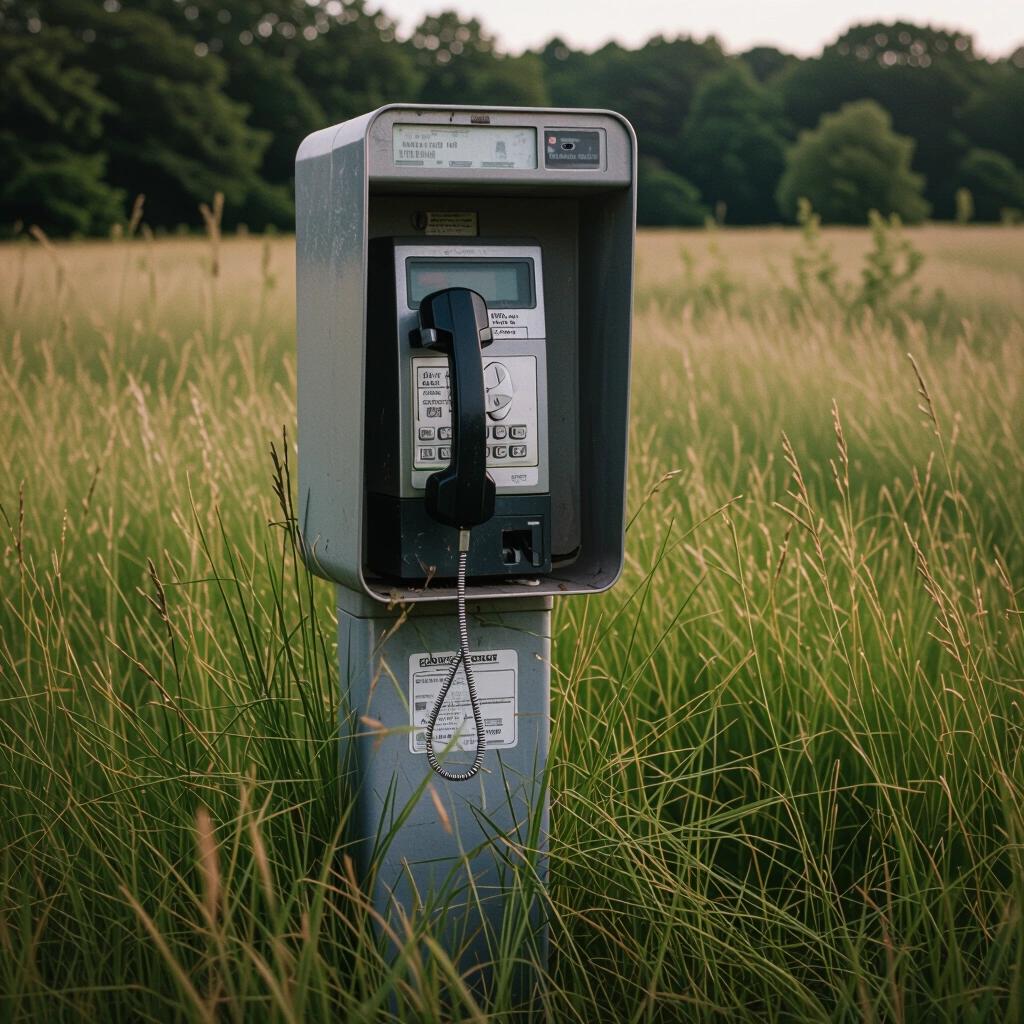 Payphone located in a field. Receiver of the payphone is hanging down. Grass grows through the base of the payphone.