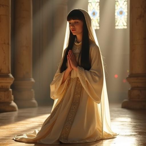 A young noblewoman dressed in refined sister-inspired attire knelt in a medieval palace chapel. She has porcelain skin with a gentle blush. Long black hair partly covered by a white veil with embroidery. Hands joined in prayer at her chest. Eyes closed, expression serene. The attire is layered in pale ivory and gold, tailored elegantly. The setting is warm, reflecting candlelight and soft steam. The atmosphere is sacred and calm.
