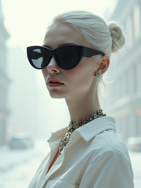 Abstract steampunk woman features oversized black sunglasses gear necklace delicate shading depth steampunk cityscape background dreamy aesthetic white-on-white elegance