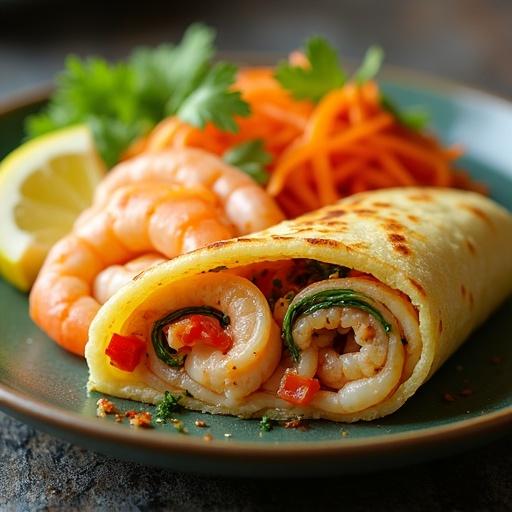 Close-up view of a pancake roll filled with prawns and vegetables on a green plate. Includes bright colors with lemon and carrot garnish. Blurred background enhances focus on food.