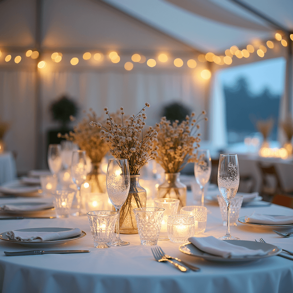 A beautifully arranged dinner table adorned with glowing candles and delicate floral centerpieces, creating an intimate ambiance.