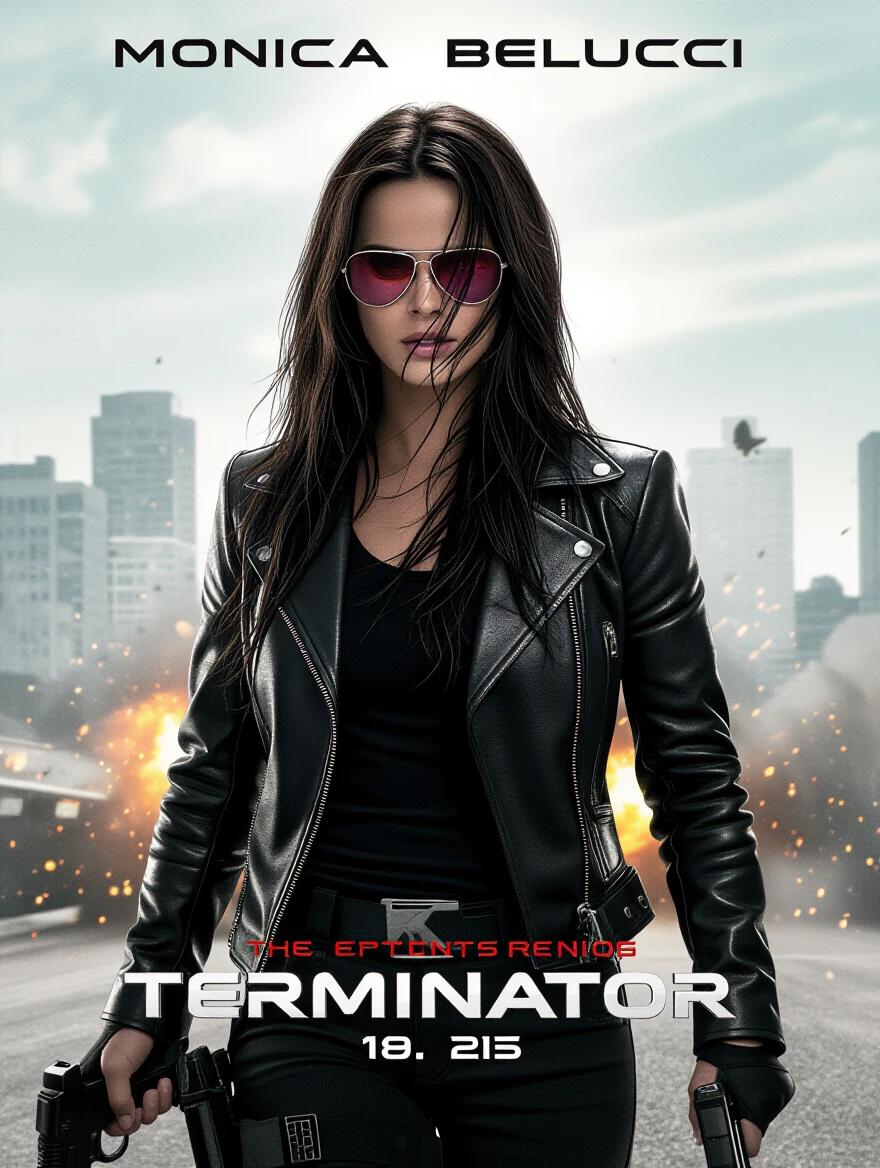 Terminator movie poster featuring character with long black hair wearing sunglasses and leather jacket. Character holds guns. Explosions in background. Centered composition with chrome helmet and visor.