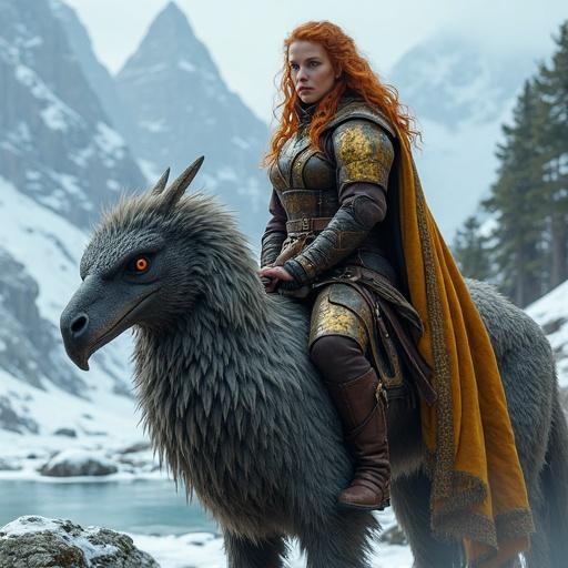 Woman warrior with coppery hair rides a giant gryphon in a snowy mountain landscape. Character has muscular build and correct anatomy. Gryphon has dense grey fur and orange eyes. Focus on textures of armor and creature. Daylight enhances metallic and fur details. Background shows pyramidal peaks and a reflective river. Armor has scratches and polished areas. Dagger held while a sword rests at the belt. Tall leather boots with metal details. Cold color palette highlighted with warm tones. 8K quality, no artifacts.