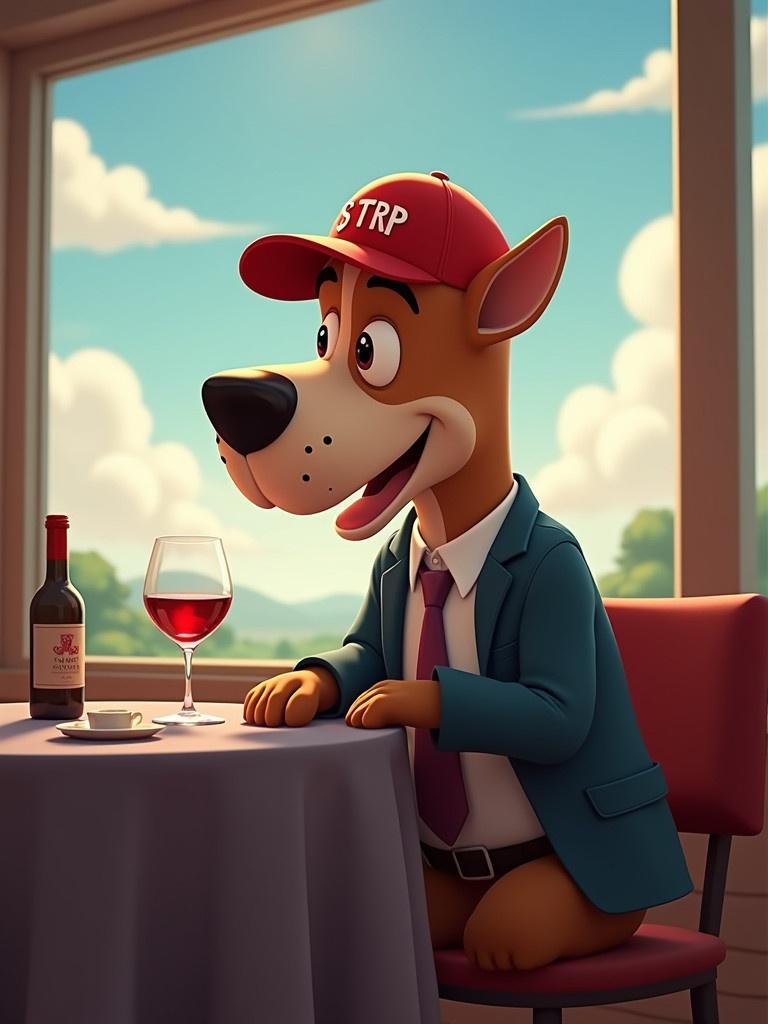 An animated cartoon dog sits at a table. The dog wears a red baseball cap with $TRP. The dog is in a suit and tie. A glass of red wine and a bottle are on the table in front of the dog. The background shows a scenic view through a window with a cloudy sky.