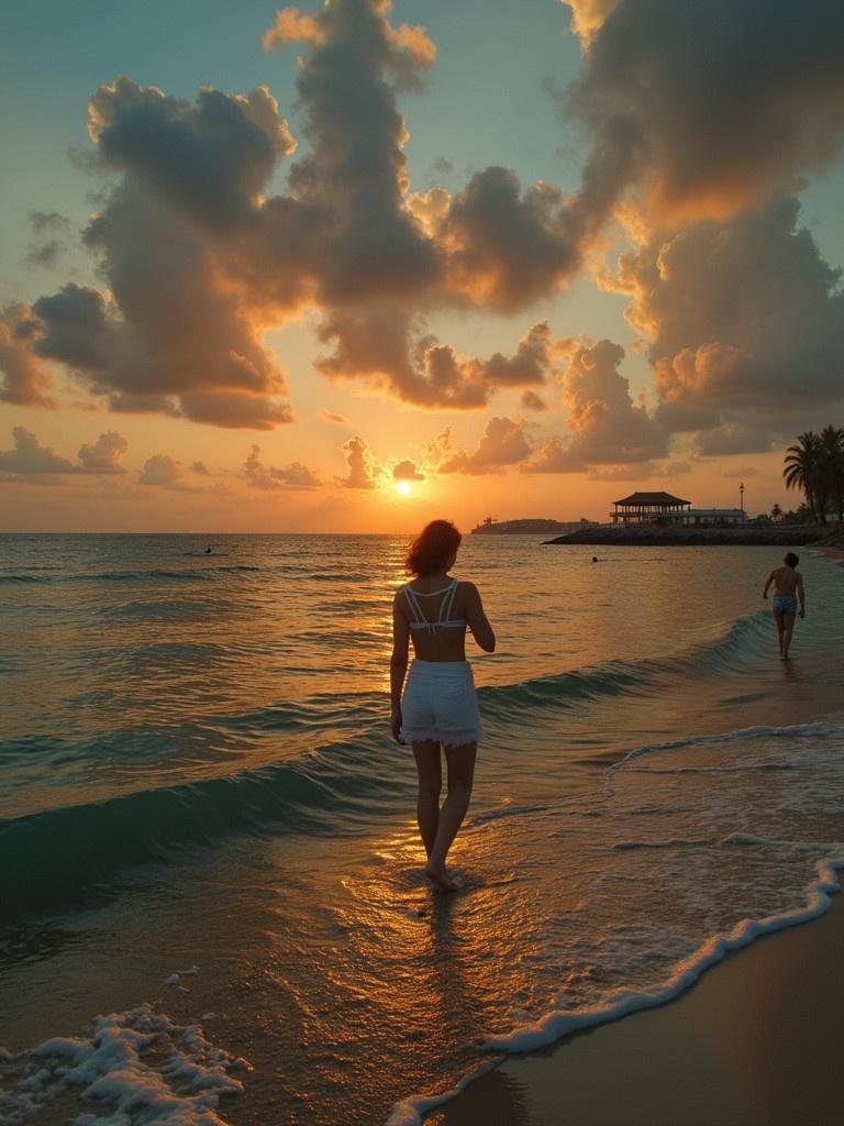 A woman walks on the beach during sunset. Waves lap at her feet. The sky is filled with clouds. The sun sets on the horizon. The scene conveys tranquility in a tropical destination.