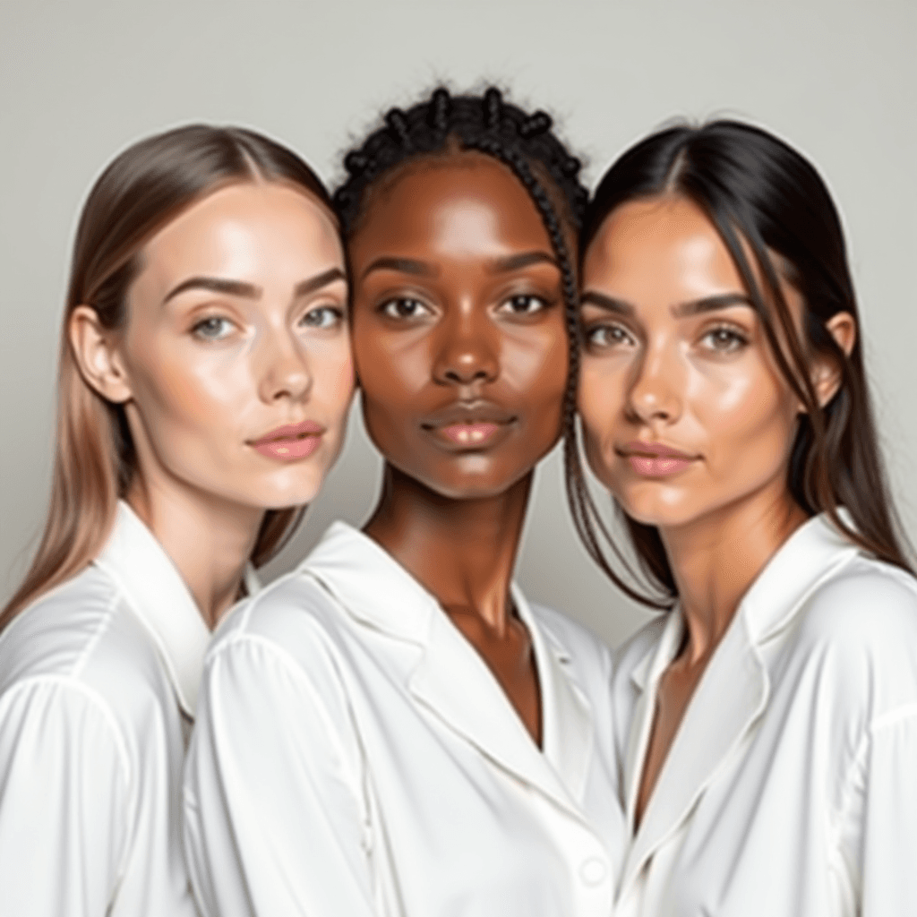 Three women in white outfits embrace closely, showcasing unity and diversity.