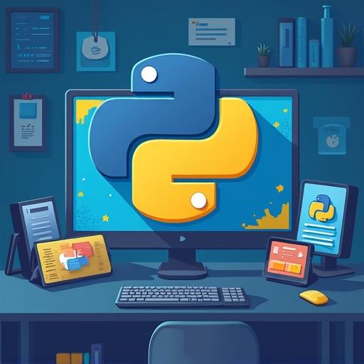 Image featuring a modern workspace setup with a computer showing the Python logo. Multiple devices showcase a tech education theme. Bright and inviting design depicting programming for beginners.