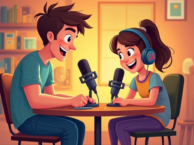Illustration of a young father and his 8-year-old daughter hosting a podcast. Cozy studio with warm lighting. Table has retro microphones. Characters smiling with enthusiasm. Father in casual clothes. Daughter in colorful attire. Background with shelves and soundproof panels.