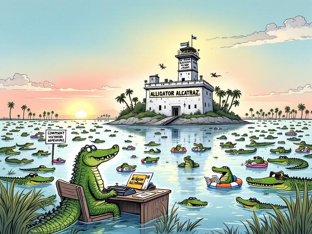Cartoon of a whimsical prison island resembling Alcatraz. 'Alligator Alcatraz' sign in front. Alligators in water engaging in various activities. Foreground features an alligator at a typewriter with a 'Complaint Department' sign. Guard tower with a welcoming sign. Palm trees in the background under a setting sun.