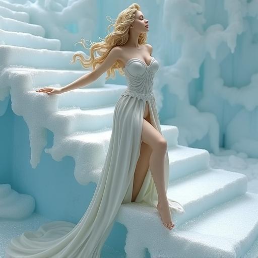 Resin figurine of a blonde enchantress climbing an unfinished ice staircase. She turns her head back playfully while climbing. One leg is visible through a high slit in her dress. The sweetheart neckline showcases her bust. Fabric clings to her body, shimmering like pearl. Left hand on icy railing, right hand on hip. Dress cascades onto steps with a wavy train.