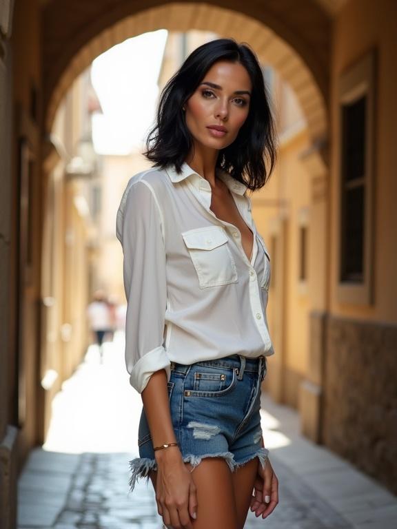Mature woman stands confidently in narrow cobblestone street. She wears white blouse and denim shorts. Black hair is medium messy. Sunlight filters through stone archway. She gazes at viewer. View from side.