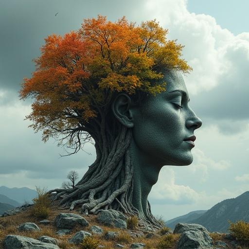 Surreal image merging human head with nature. Profile head formed by twisted roots and trunk of a tree with autumn foliage. Dark rocky texture for the face, closed eye suggesting meditation. Resting on rocky ground with plants, dramatic cloud-filled sky. Explores connection between man and nature, duality, transformation.