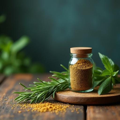 Minimalist spice jar on rustic wooden table with fresh basil and rosemary. Organic textures create a warm ambiance. Color palette includes dark blue, vibrant green, and gold. Soft natural lighting enhances the scene. Elegant composition with blurred background and subtle shadow for depth.