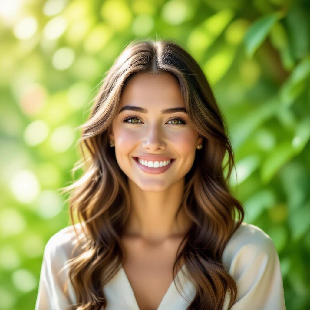 This image features a young woman with long brown hair smiling softly in front of a lush green background. She wears a light-colored shirt that contrasts gently with the greenery. Sunlight filters through the leaves creating a warm and tranquil atmosphere. The scene evokes a fresh and natural feeling reminiscent of a sunny afternoon.