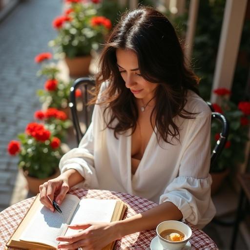 A serene scene showcasing a woman in a European-style café. She reads a book at a checkered tablecloth. Soft sunlight casts shadows. Steam rises from a coffee cup. A croissant is on the table. Potted geraniums in the background. An intimate moment captured in warm tones.