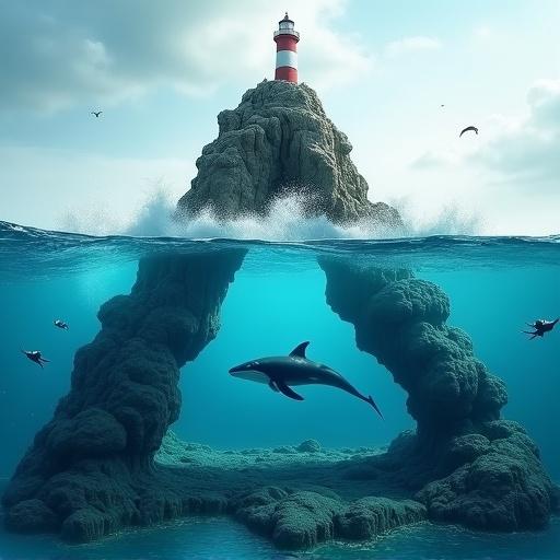 A surreal maritime scene featuring an optical illusion structure resembling a Penrose triangle composed of water and rock. A red and white striped lighthouse stands on jagged rocks surrounded by crashing waves. Clear blue ocean water flows across the frame. Below, a humpback whale swims with scuba divers exploring underwater life. The water is clear with visible textures. The scene includes slightly choppy surface water and a soft blue sky.