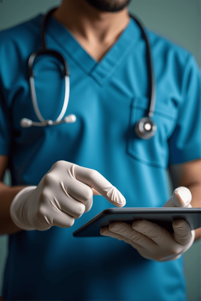 A medical professional in blue scrubs and gloves uses a digital tablet, with a stethoscope draped over the shoulders, focusing on the device.